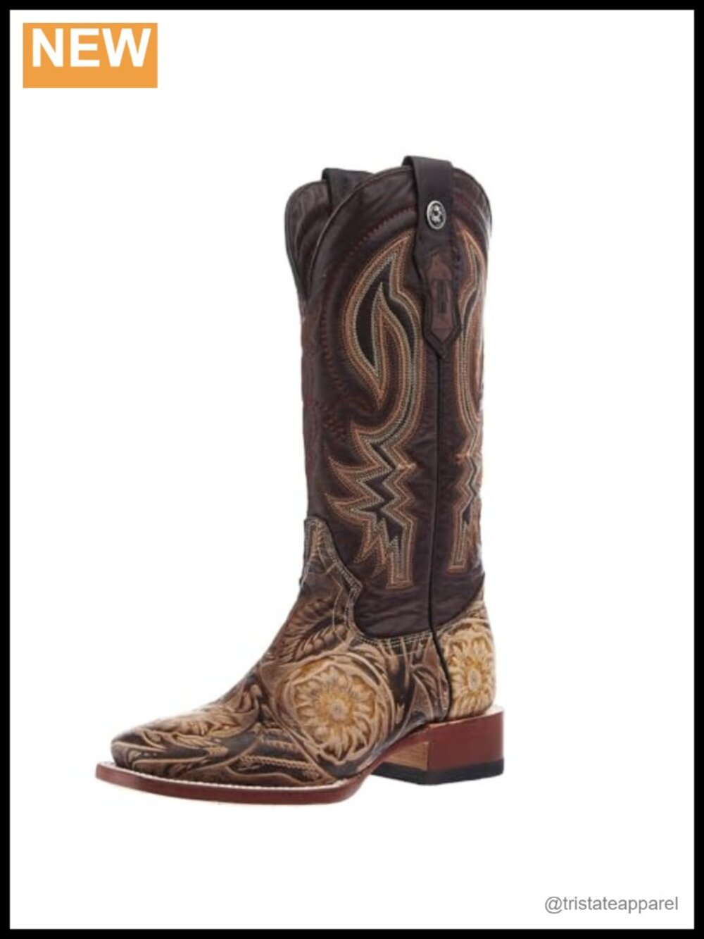 Hand Tooled Leather Cowgirl Boots Embossed Floral Mid-Calf Square Toe Pull-On